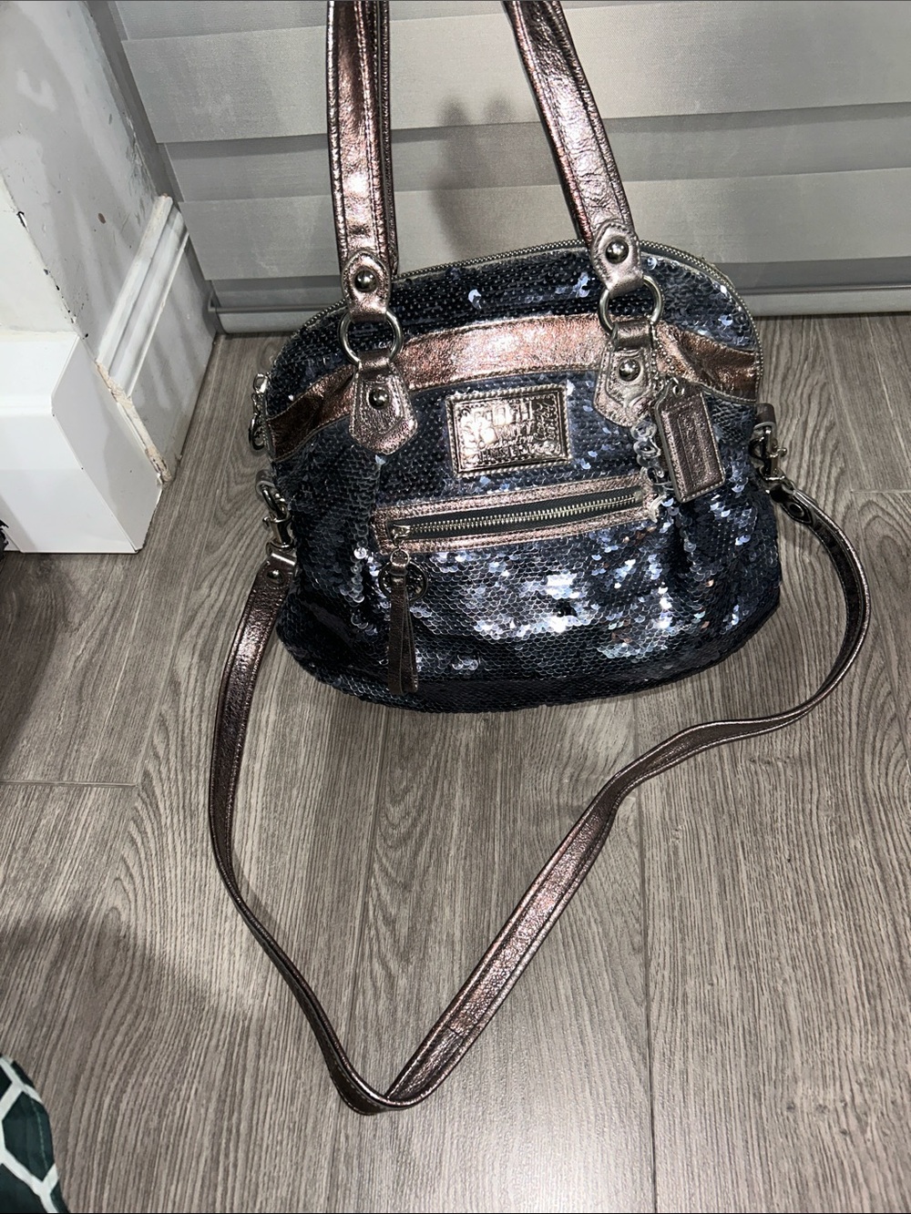 Coach Black Sequin Satchel with Metallic Rose Trim